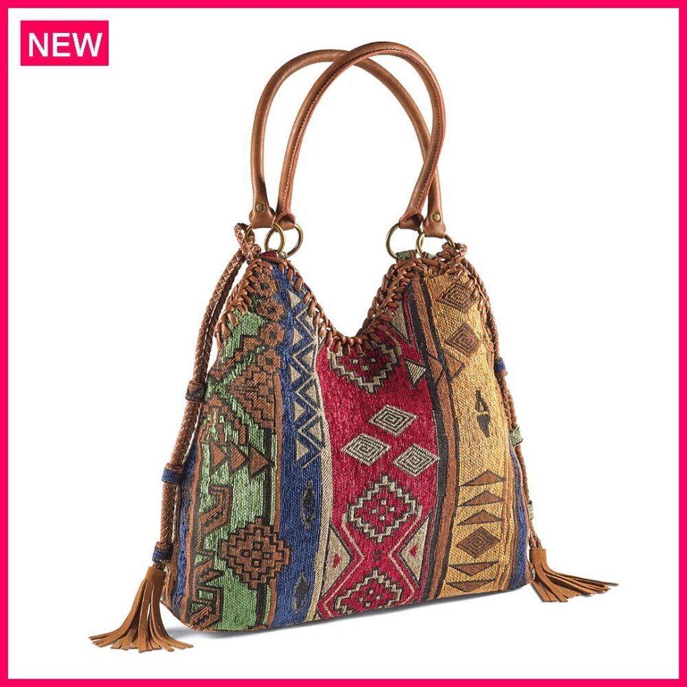 Tapestry Shoulder Bag with Snap Closure, Lined Interior, 16x11 Inches